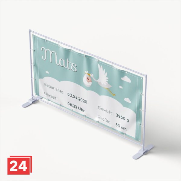 Geburtsbanner: mintgrünes Design mit Storch und Baby