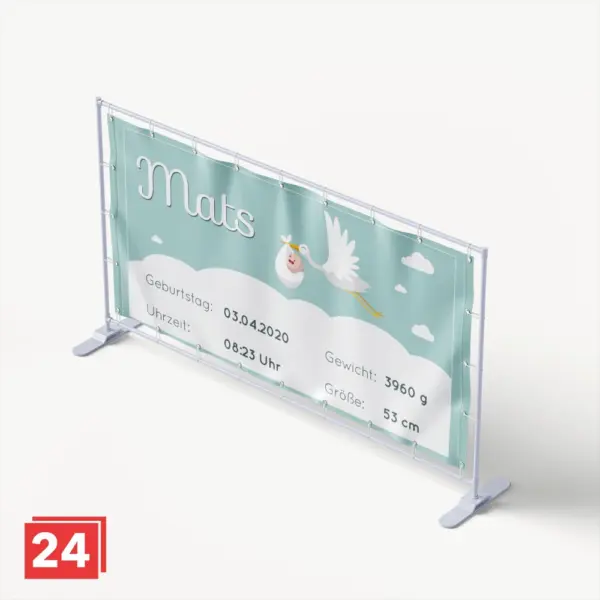 Geburtsbanner: mintgrünes Design mit Storch und Baby