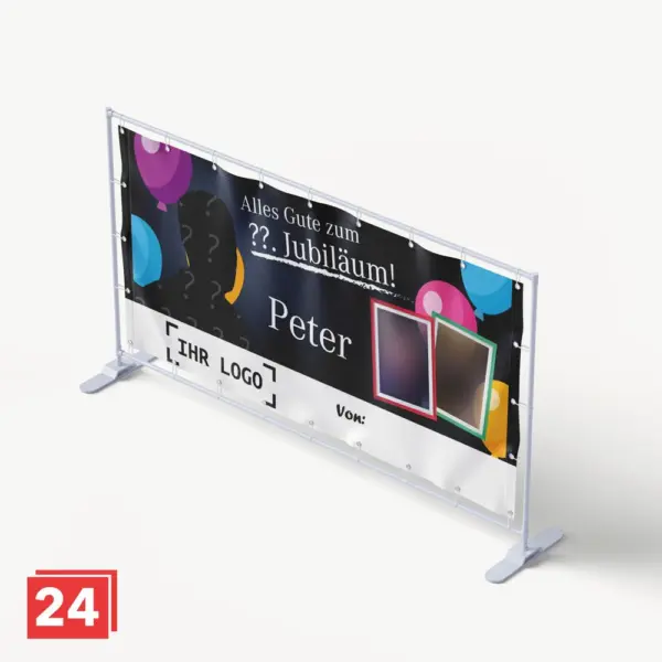 Jubiläumsbanner - mit Ballons, Fotos und Wunschtext für Firmen- oder Privatjubiläen.