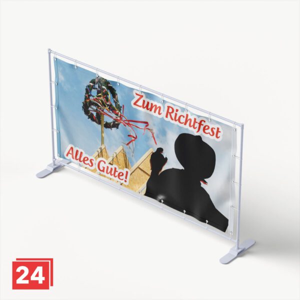 Richtfest-Banner mit Handwerker-Silhouette und Richtkranz