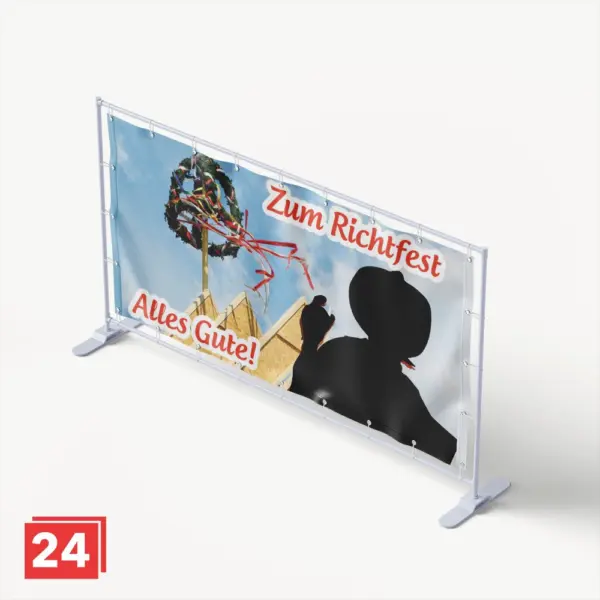 Richtfest-Banner mit Handwerker-Silhouette und Richtkranz