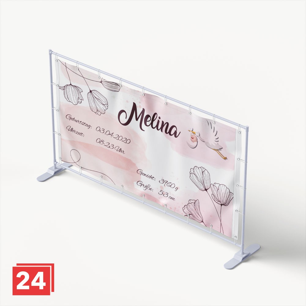 Geburtsbanner in Rosa mit Storch und floralen Akzenten.