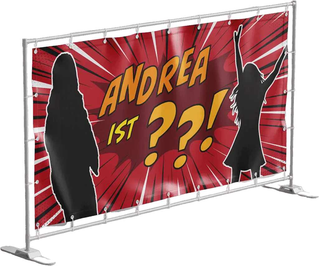 Rotes Comic-Geburtstagsbanner mit Schriftzug „Andrea ist ???“ und Silhouetten